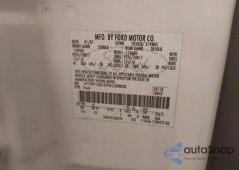 2007 Ford F-150 Xl/Xlt из США, поврежденный, VIN 1FTPF12V37KC35602